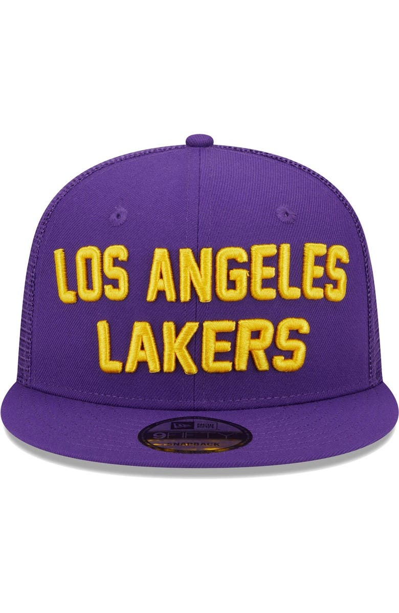 New Era Men's New Era Purple Los Angeles Lakers Stacked Script 9FIFTY Trucker Snapback Hat, Alternate, color,