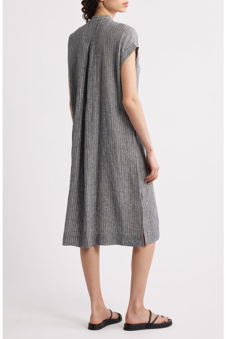 Pinstripe Short Sleeve Organic Linen Shift Dress, Alternate, color, BLKWH