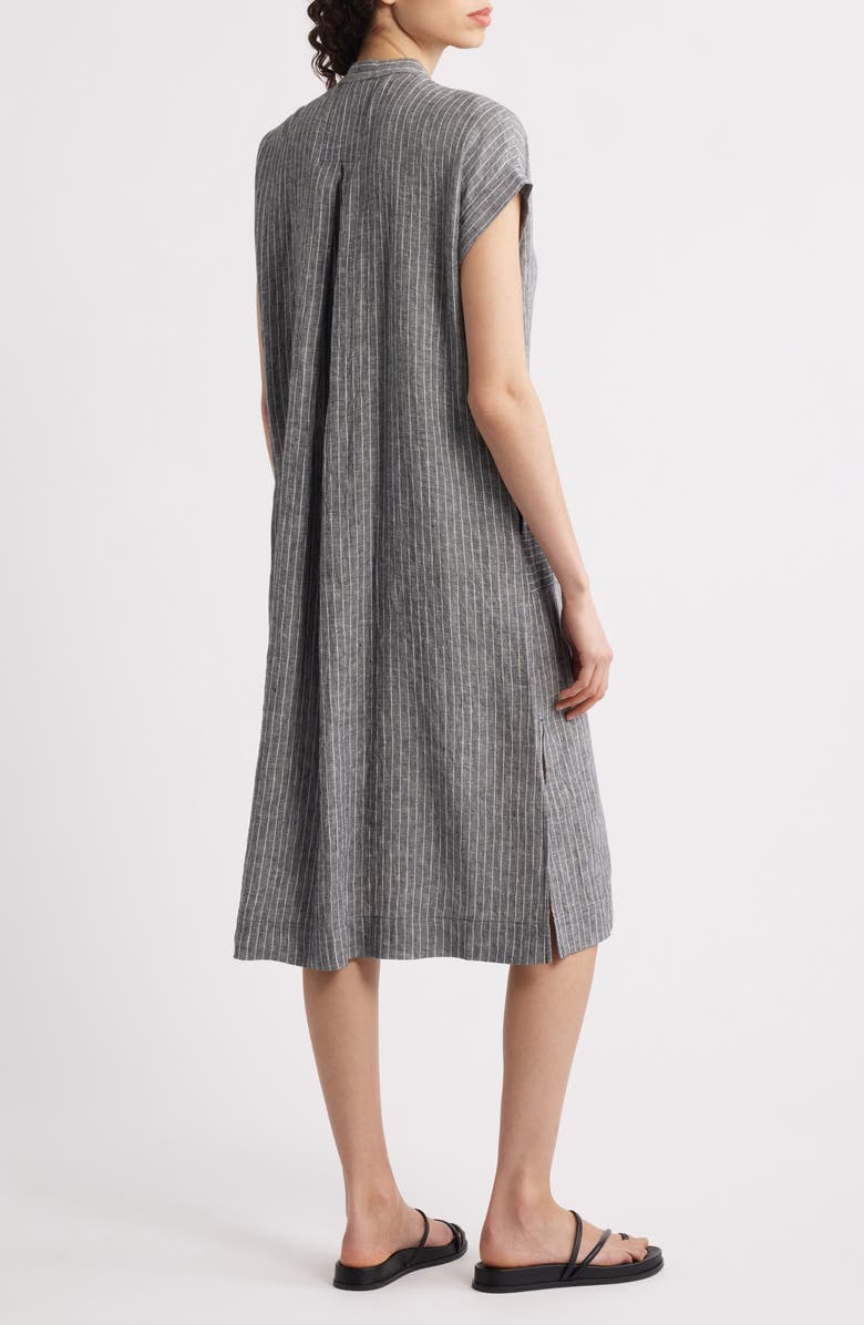 Eileen Fisher Pinstripe Short Sleeve Organic Linen Shift Dress, Alternate, color, Faded Black/ White