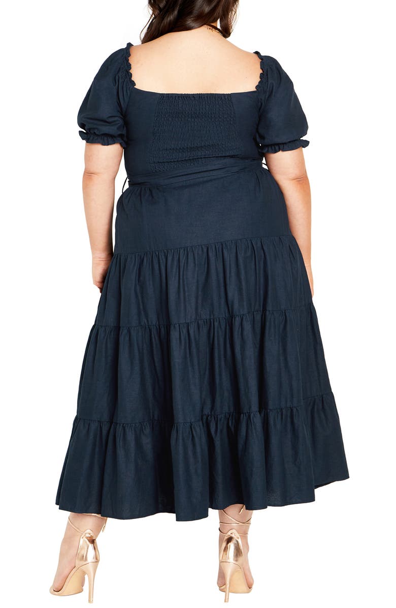 City Chic Puff Sleeve Tie Belt Midi Dress, Alternate, color, Navy