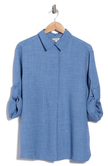 Max Studio Roll Tab Sleeve Shirt In Blue
