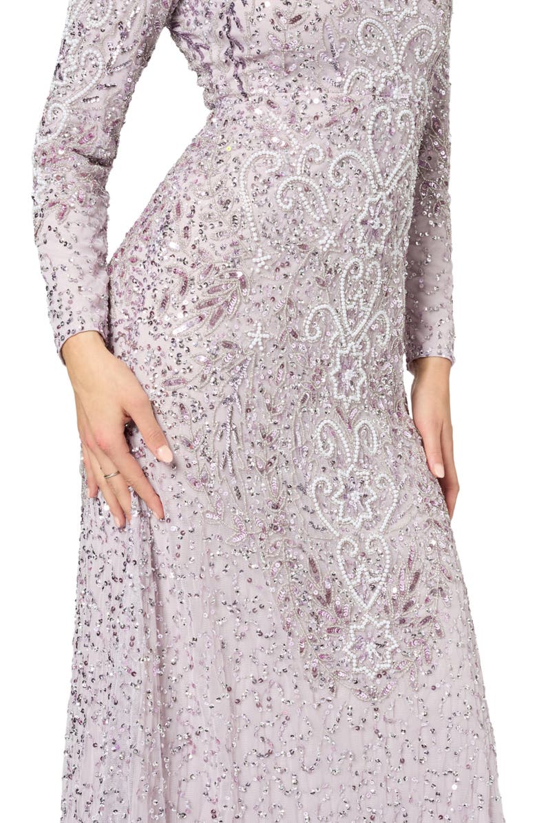 MARYISA Modest Embellished Sequin Beaded Maxi Dress With Trail, Alternate, color, Lilac
