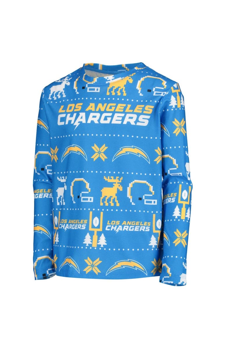 Outerstuff Youth Powder Blue Los Angeles Chargers Logo Allover Print Long Sleeve T-Shirt & Pants Holiday Pajamas Sleep Set, Alternate, color, 