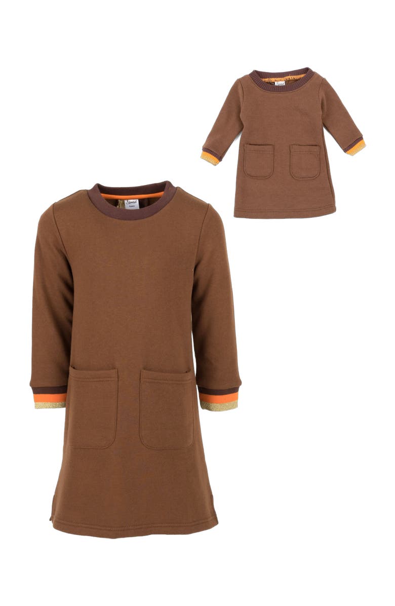 Leveret Girls Sweatshirt Dress with Matching Doll Dress, Alternate, color, Brown