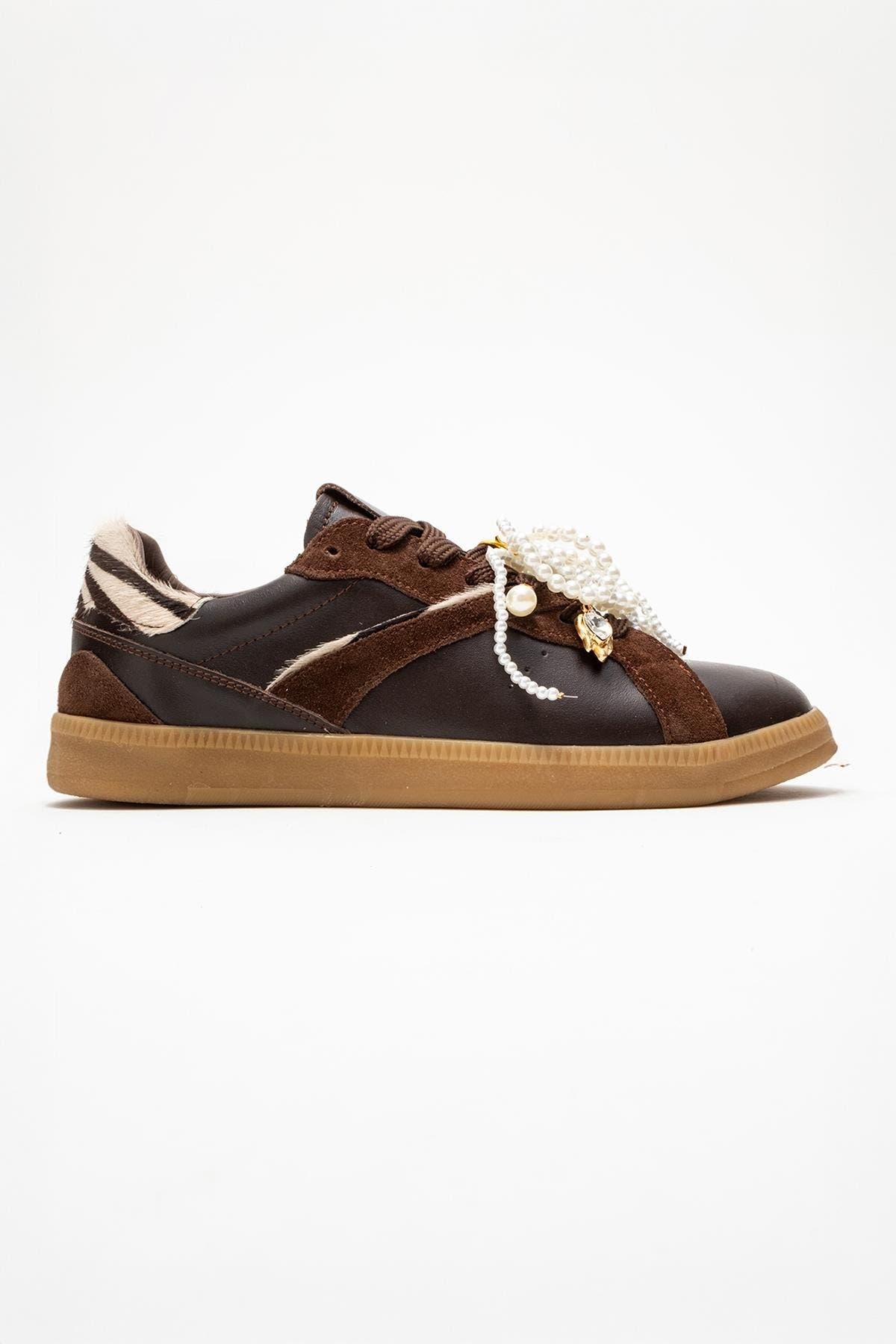 Taren Leather Pearl Buckle Sneakers, Alternate, color, Brown Leather