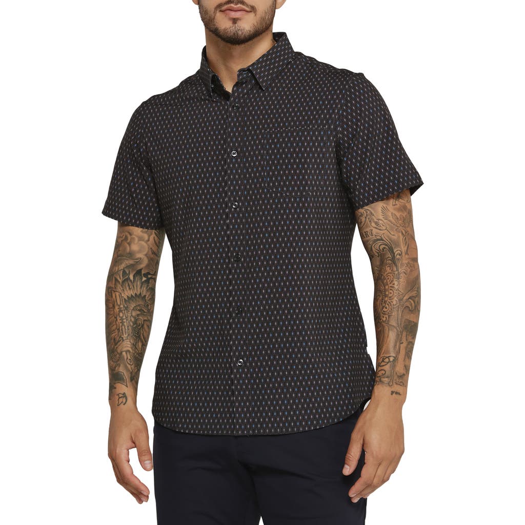 7 Diamonds Calix Geo Print Short Sleeve Performance Button-up Shirt In Black