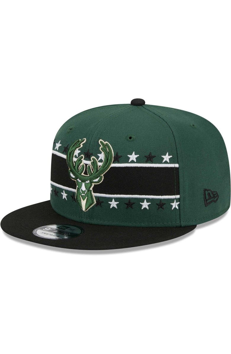 New Era Men's New Era Hunter Green Milwaukee Bucks Banded Stars 9FIFTY Snapback Hat, Main, color,