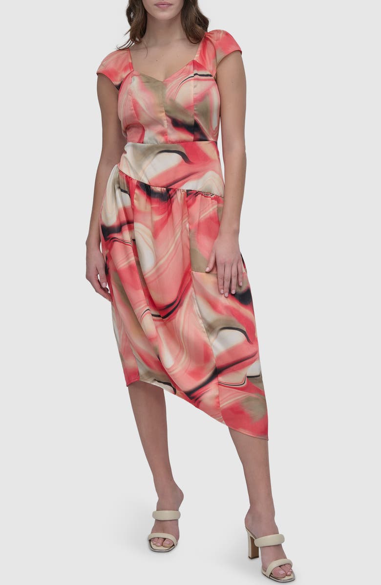 DKNY Print Asymmetric Hem Satin Midi Dress, Main, color,