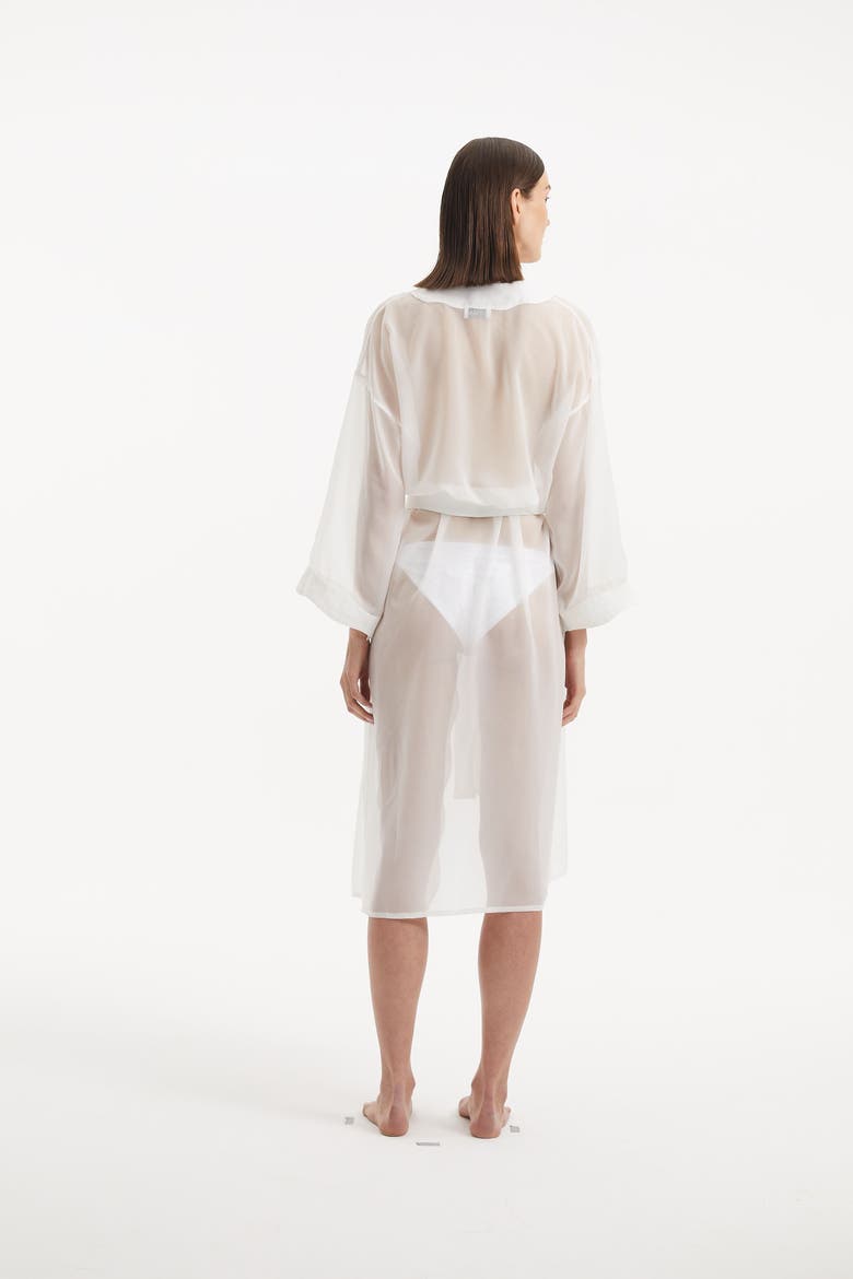 Blaze Long Sleeve Wavy-Trim Belted Sheer Kaftan, Alternate, color, White