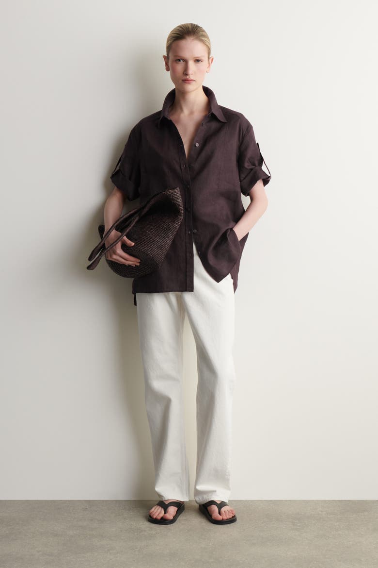 Folded-Sleeve Linen Shirt, Alternate, color, BURGUNDY