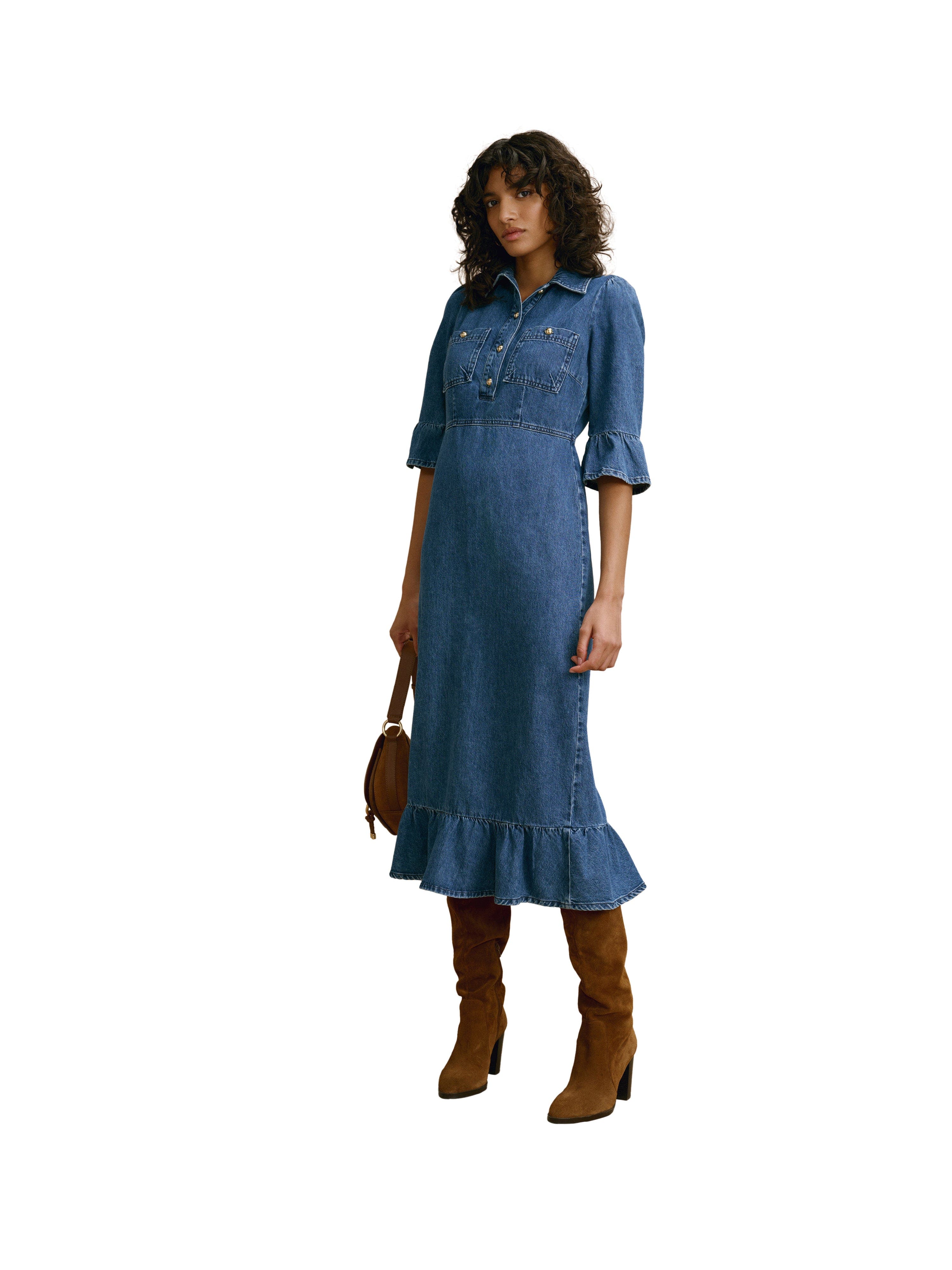 ruffle hem denim dress Mint Velvet Women's Midi - Blue The Jean Dress: Strapless Ruffle