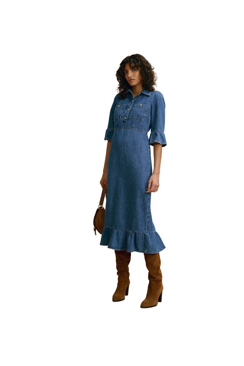 Ruffle Hem Denim Midi Dress, Alternate, color, Blue