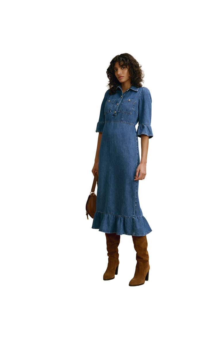 MINT VELVET Ruffle Hem Denim Midi Dress, Alternate, color, Blue