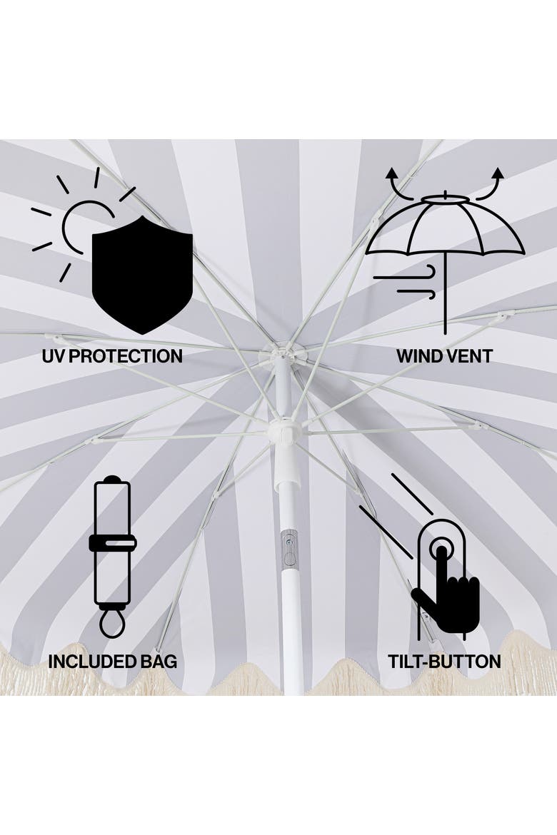 Mariner Coastal Round Outdoor Beach Umbrella with Fringe Trim, Push-Button Tilt, UV 50 Canopy and Wood-Finish Pole, Alternate, color, Navy/White - White Pole