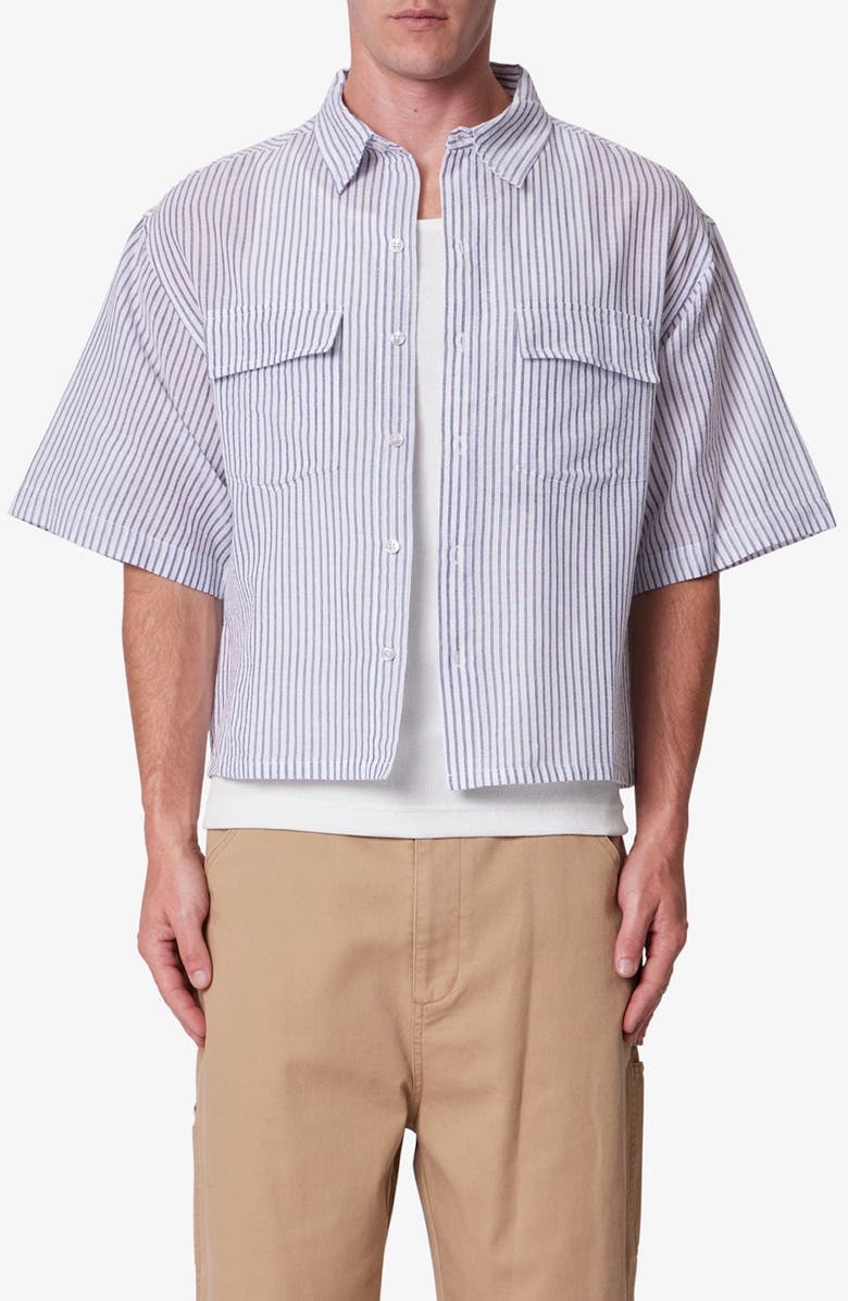 mnml Stripe Crop Boxy Short Sleeve Button-Up Shirt, Main, color, Blue