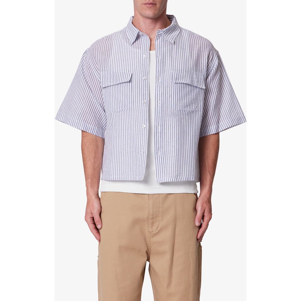 Mnml Stripe Crop Boxy Short Sleeve Button-up Shirt In Blue