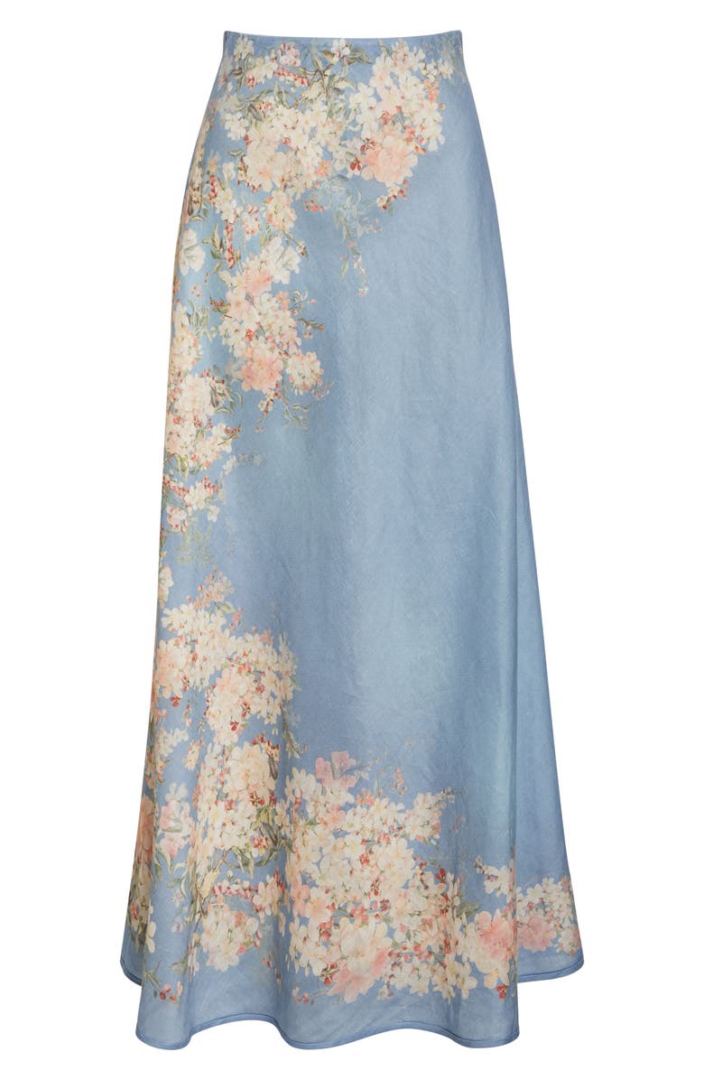 Zimmermann Cascadian Bias Cut Linen Maxi Skirt, Alternate, color, Blue Botanical Floral