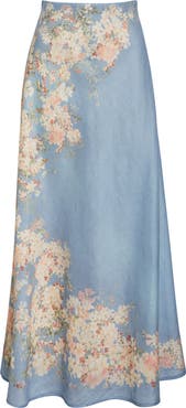 スカート ZIMMERMANN CASCADIAN PRINTED LONG SKIRT Cascadian Bias Skirt Teal Blue Botanical Floral Online