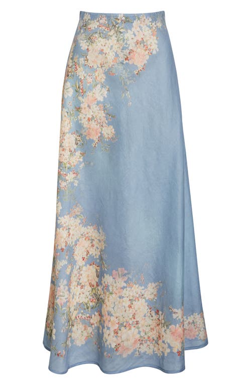 Zimmermann Womens Cascadian Bias Floral Linen Midi Skirt Teal Blue Botanical In Blue