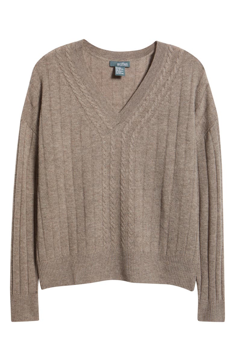 Griffen Cable Wool & Cashmere V-Neck Sweater, Alternate, color, Mink