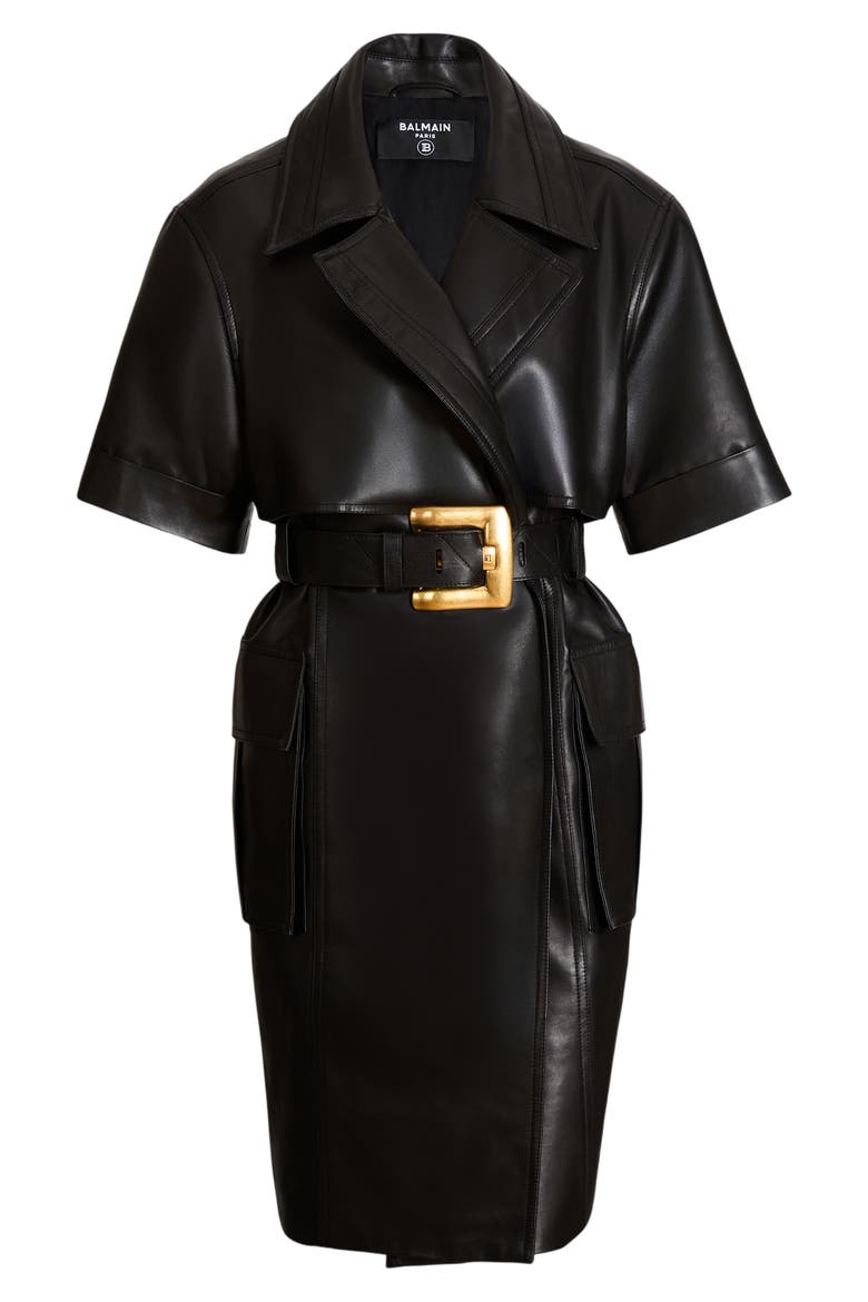 Belted lambskin leather dress, Alternate, color, black