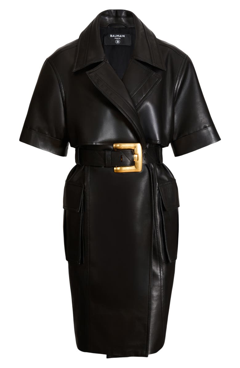 Balmain Belted lambskin leather dress, Alternate, color, Black