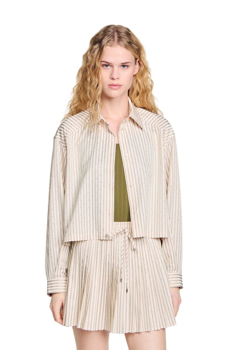 SANDRO Striped rhinestone shirt, Main, color, Khaki / Pink