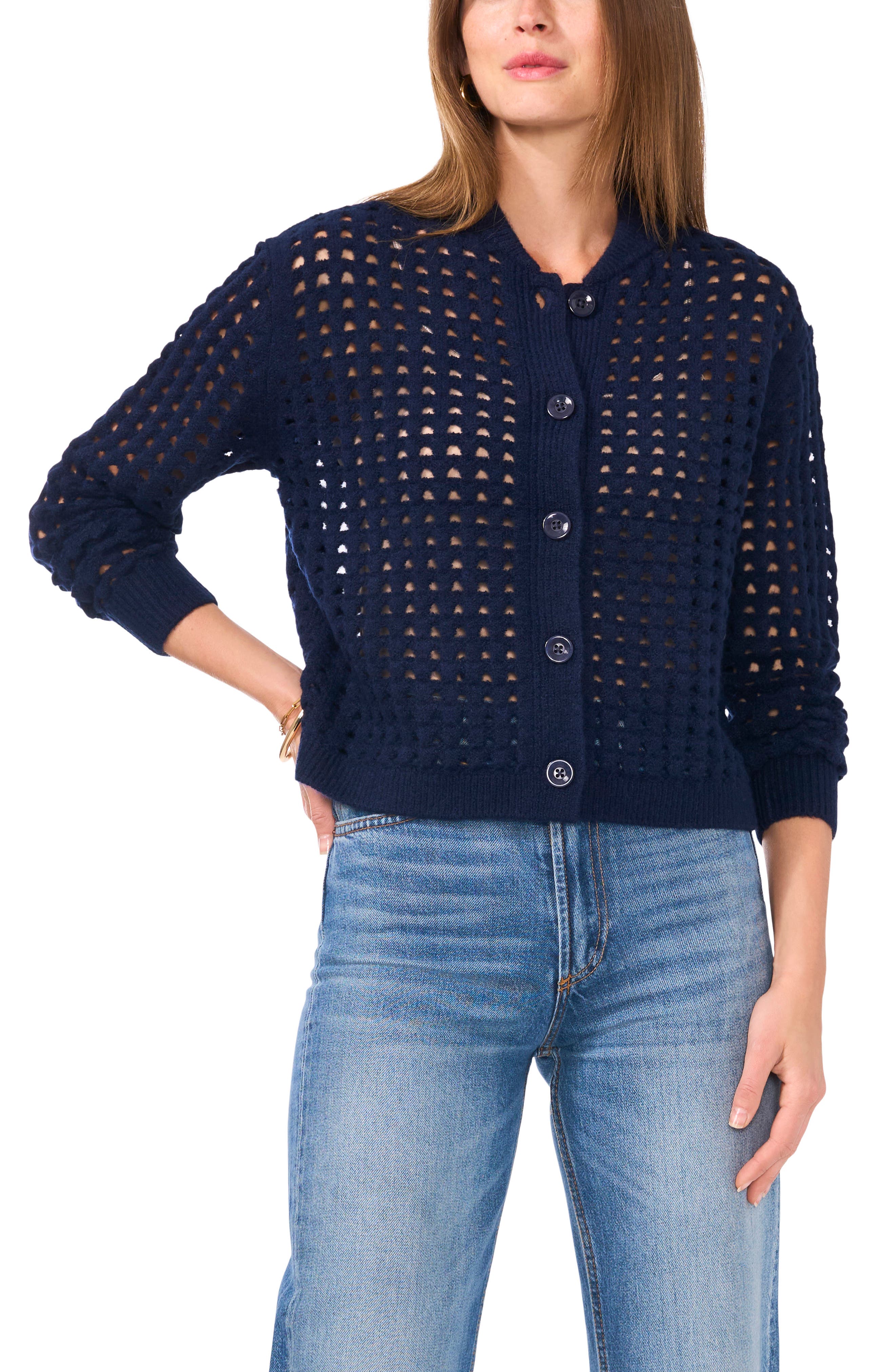 Vince Camuto Pointelle Crewneck Cardigan
