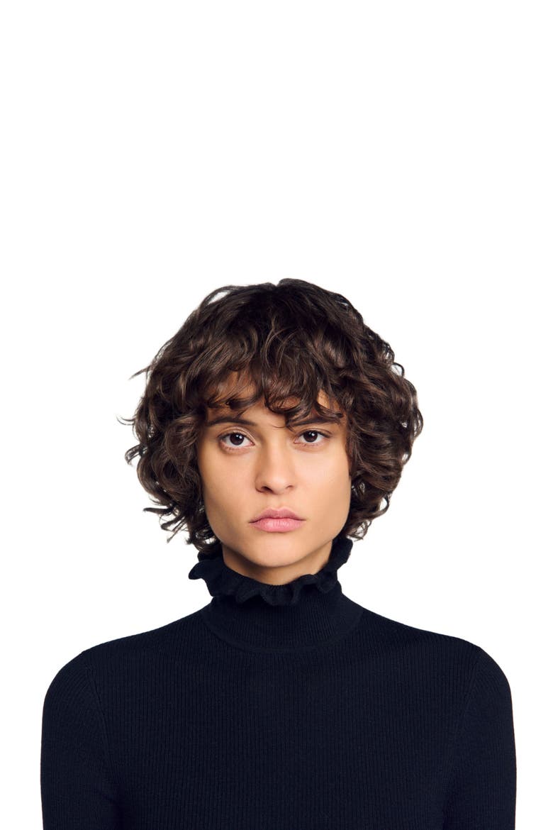 Ruffled roll-neck wool sweater, Alternate, color, Black