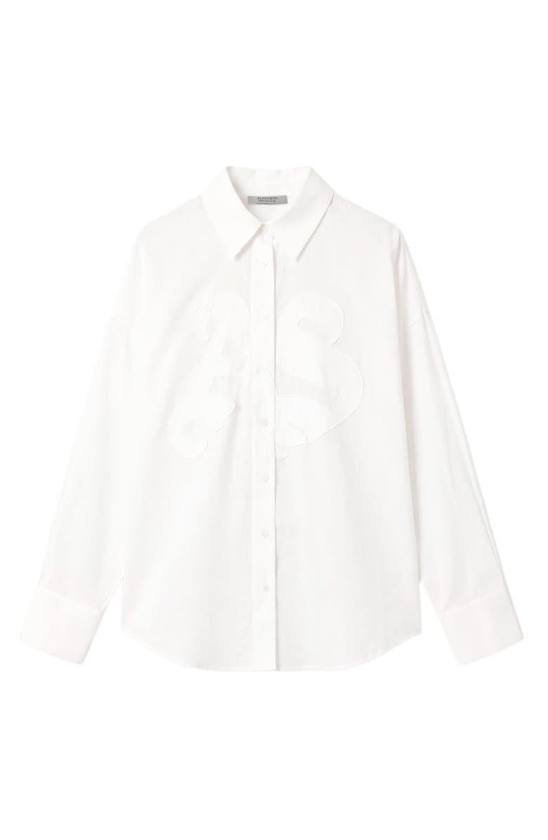 AllSaints Sparrow Embrodiered Logo Appliqué Linen & Cotton Button-Up Shirt, Alternate, color, Optic White