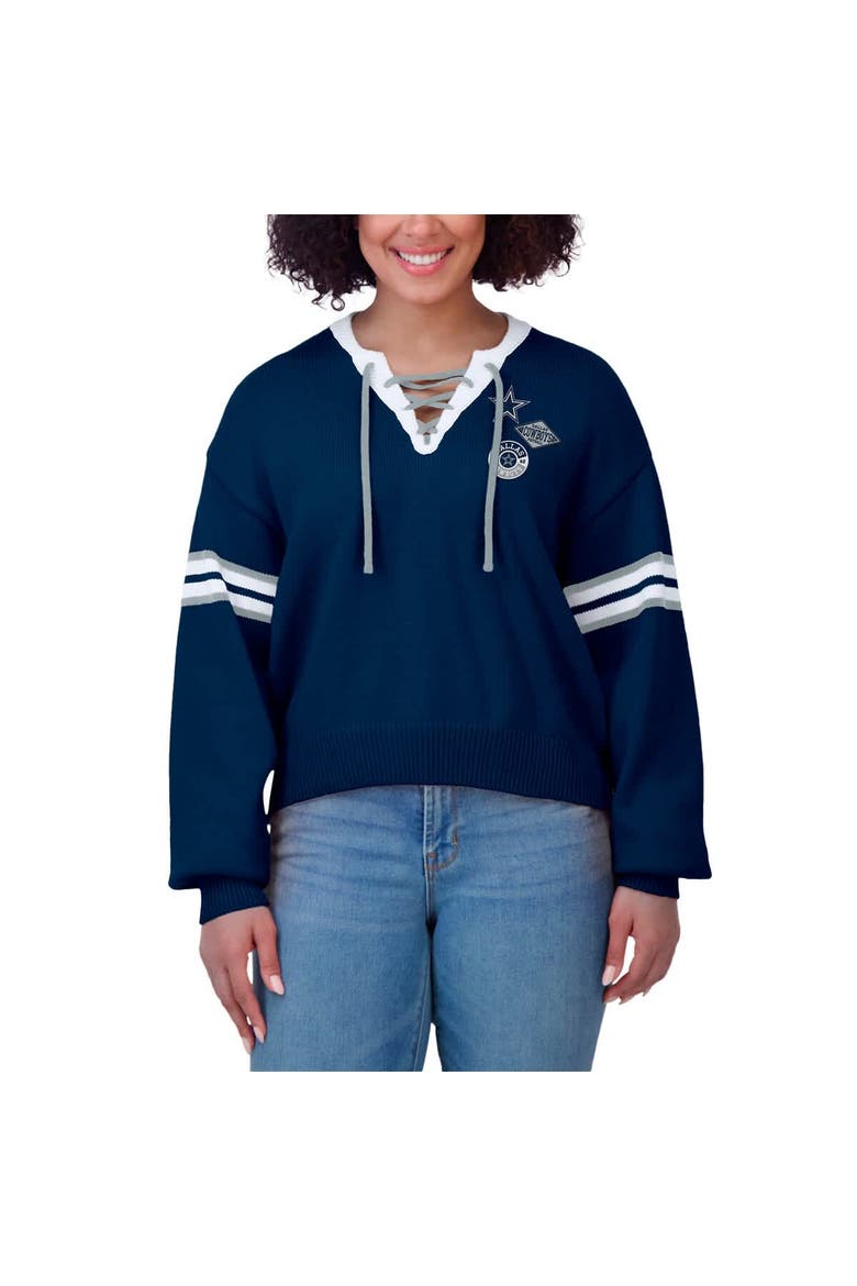 Women's WEAR by Erin Andrews Navy  Dallas Cowboys Lace-Up Sweater, Alternate, color, Navy