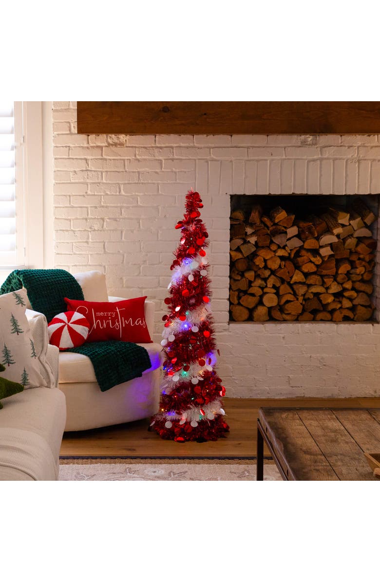 NEARLY NATURAL 4-ft Pre-Lit Pop up Red 
White Tinsel Christmas Tree with 50 Mutlicolored LED Lights, Alternate, color, Red/White
