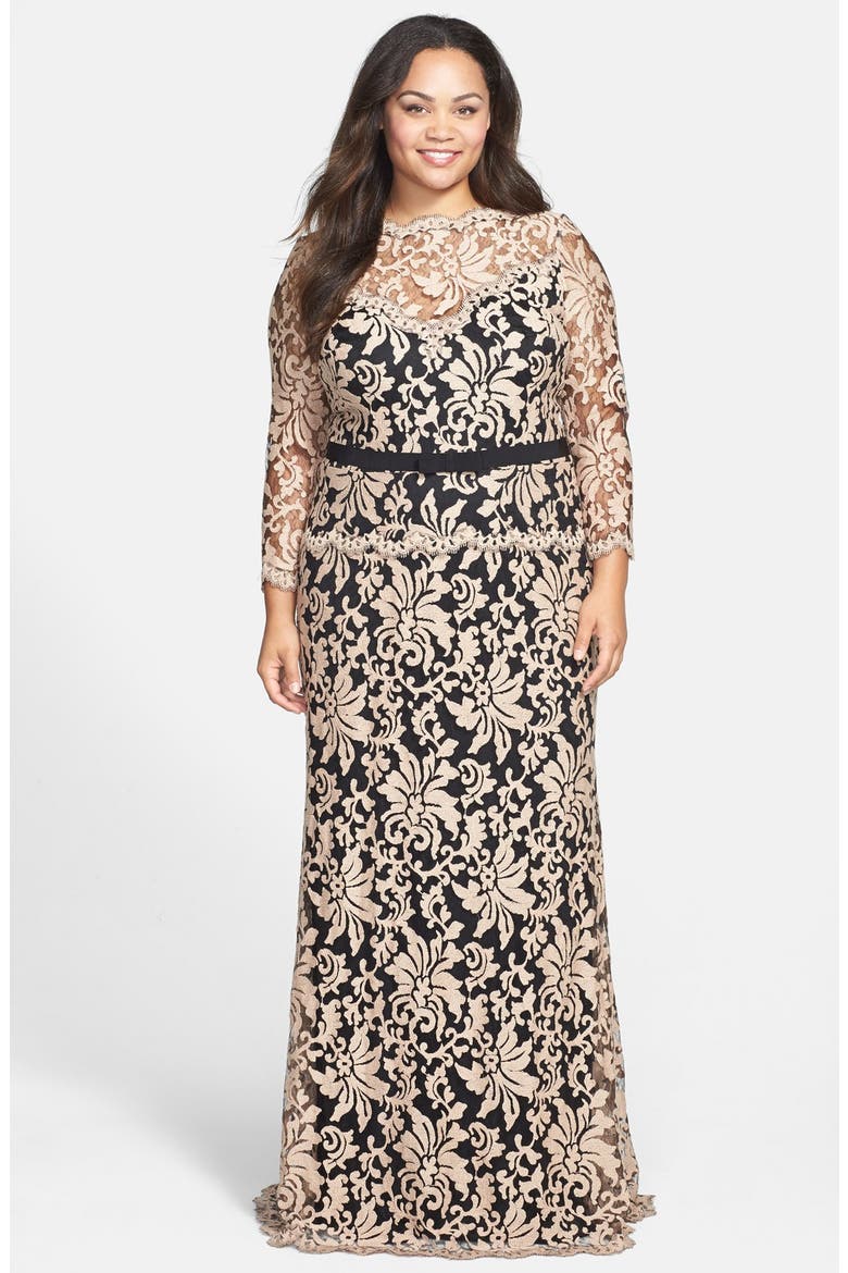Embroidered Lace Gown, Main, color, GINSENG/ BLACK