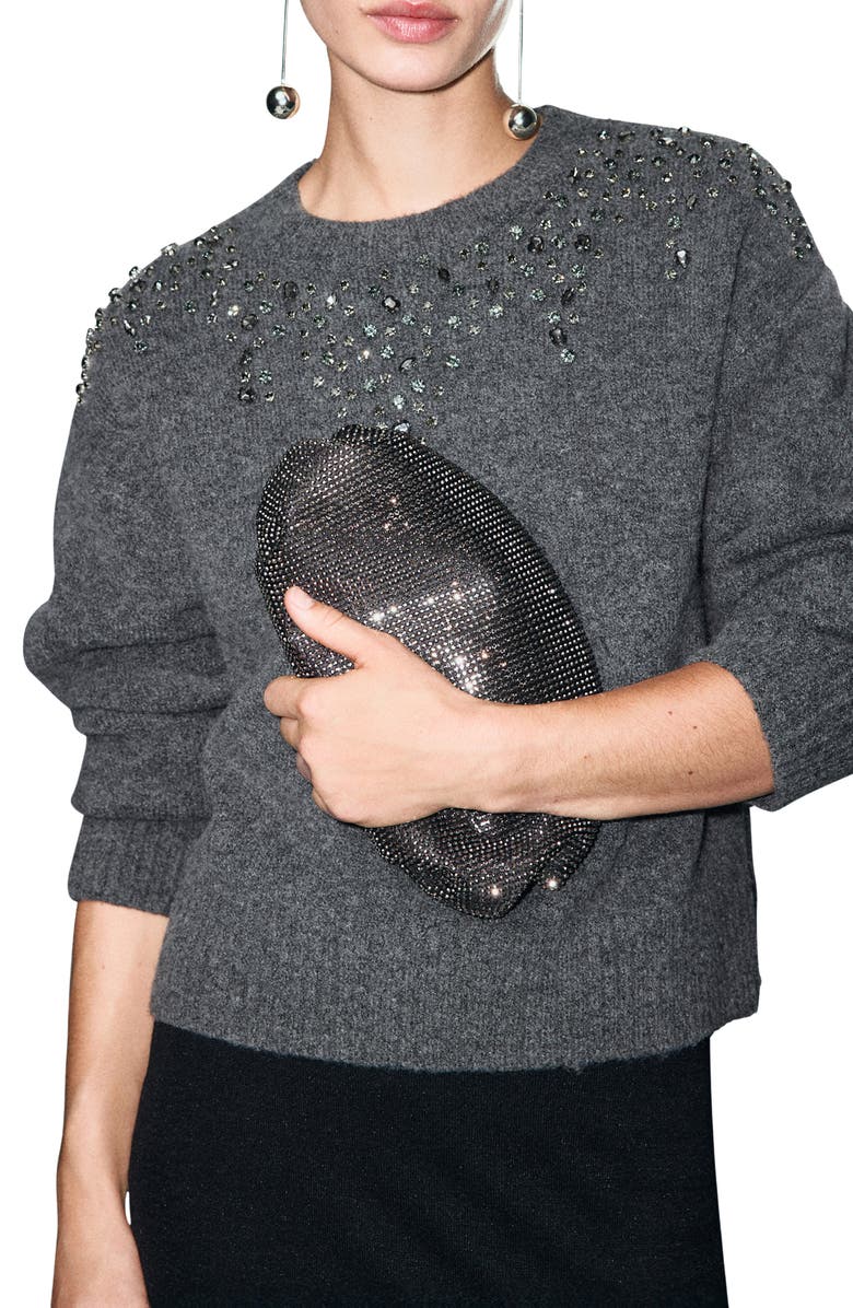 MANGO Estrella Embellished Sweater, Main, color, Dark Heather Grey