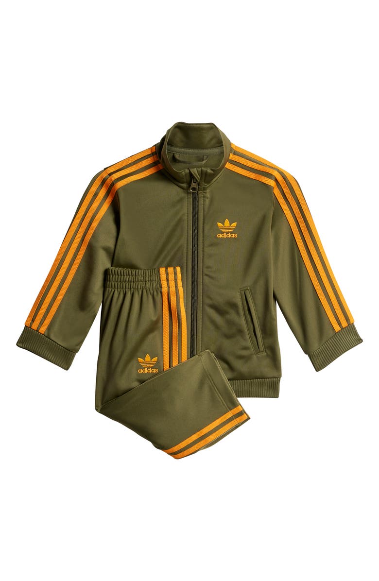 adidas Firebird Recycled Polyester Track Jacket & Pants Set, Main, color, Focus Olive
