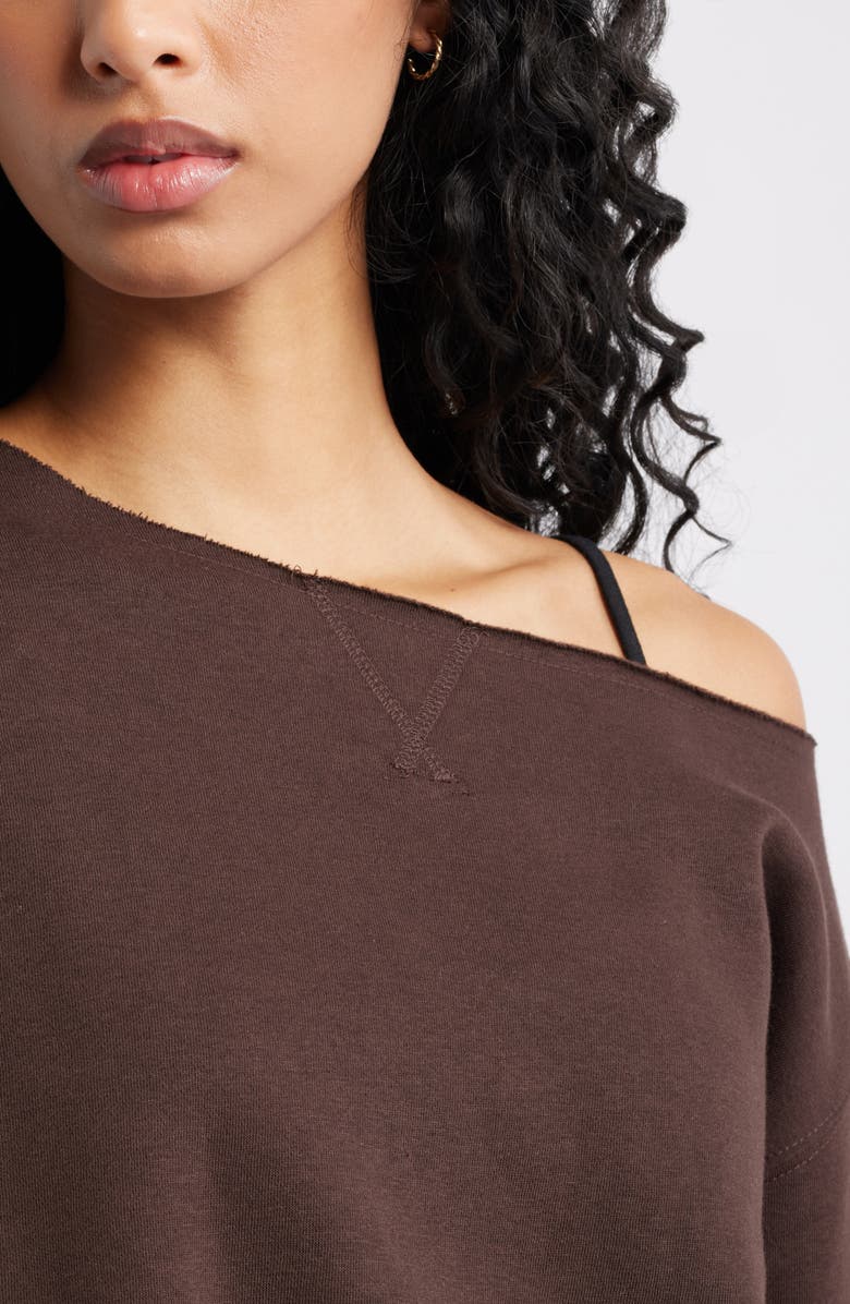 BP. Fleece Detail Off the Shoulder Sweatshirt, Alternate, color, Brown Coffee