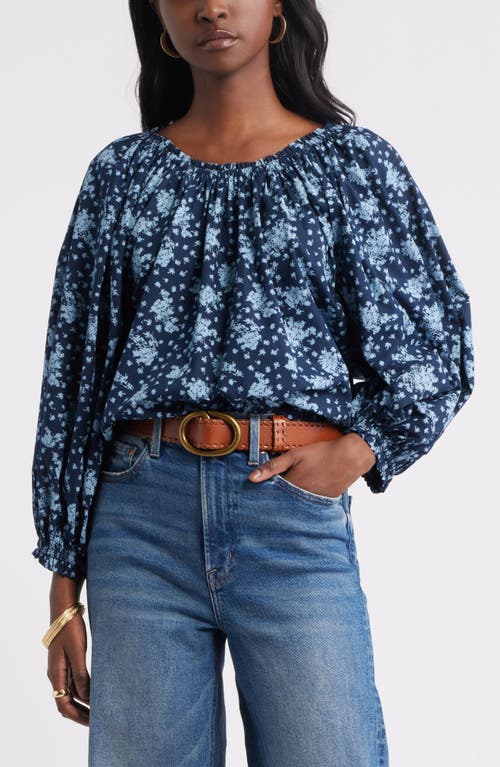 Treasure & Bond Print Raglan Sleeve Cotton Top In Blue