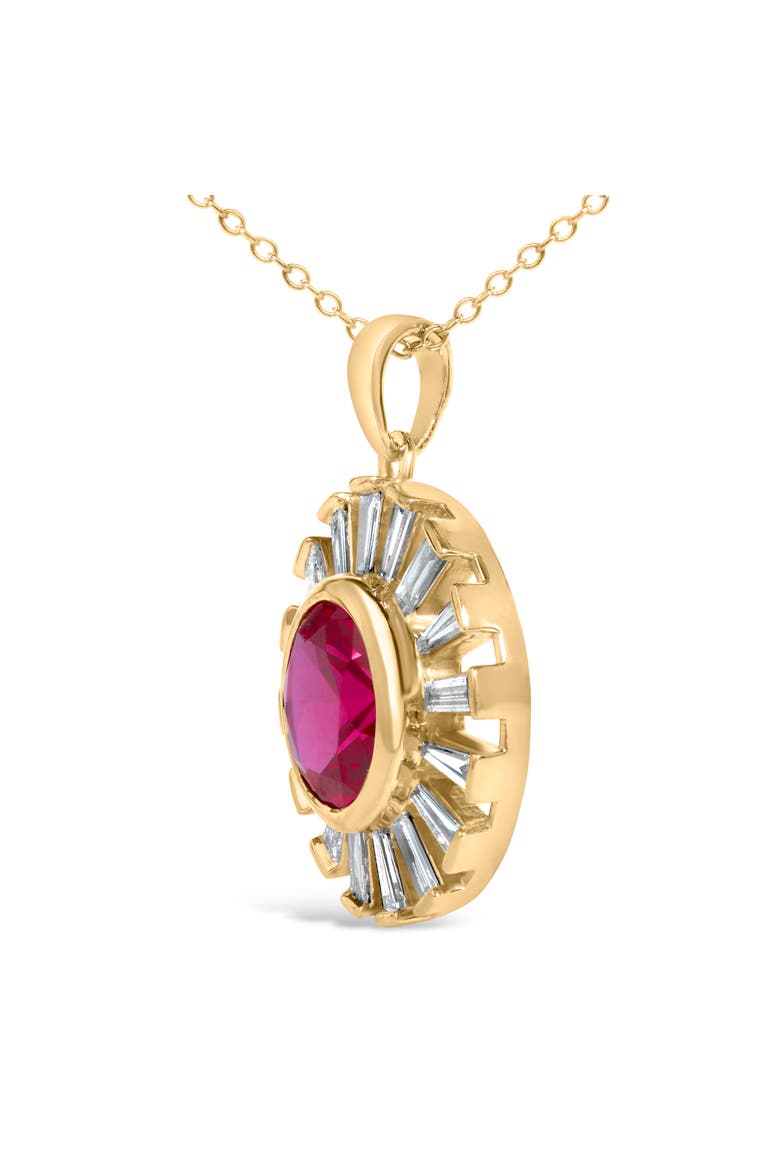 14K Yellow Gold Plated Silver Created Red Ruby and Baguette Diamond Sunburst Medallion Pendant Necklace, Alternate, color, Yellow Gold over Silver