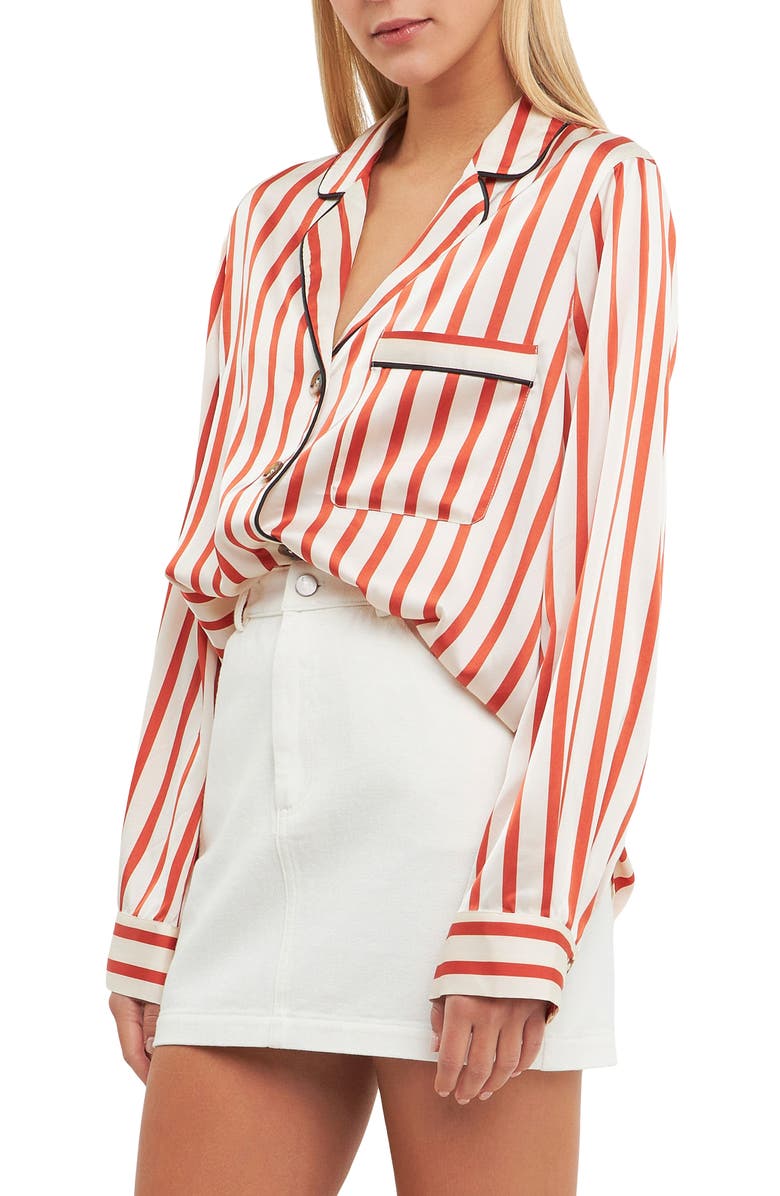 English Factory Striped Satin Button-Up Shirt, Alternate, color, 