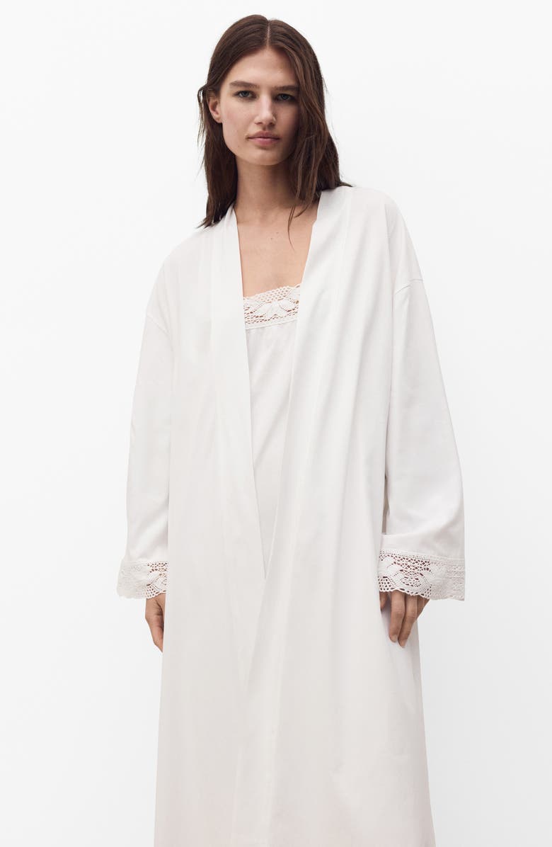 MANGO Lace Trim Tie Waist Cotton Robe, Alternate, color, White