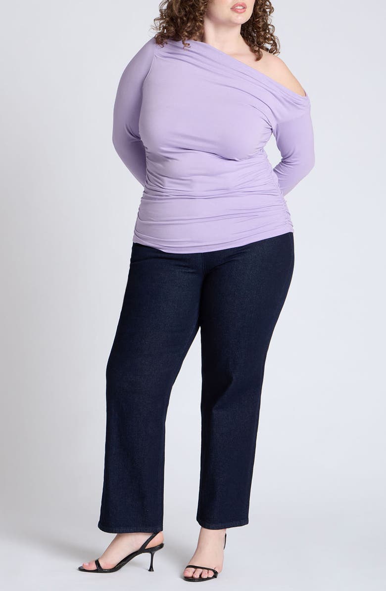 ELOQUII Ruched One-Shoulder Long Sleeve Jersey Top, Alternate, color,