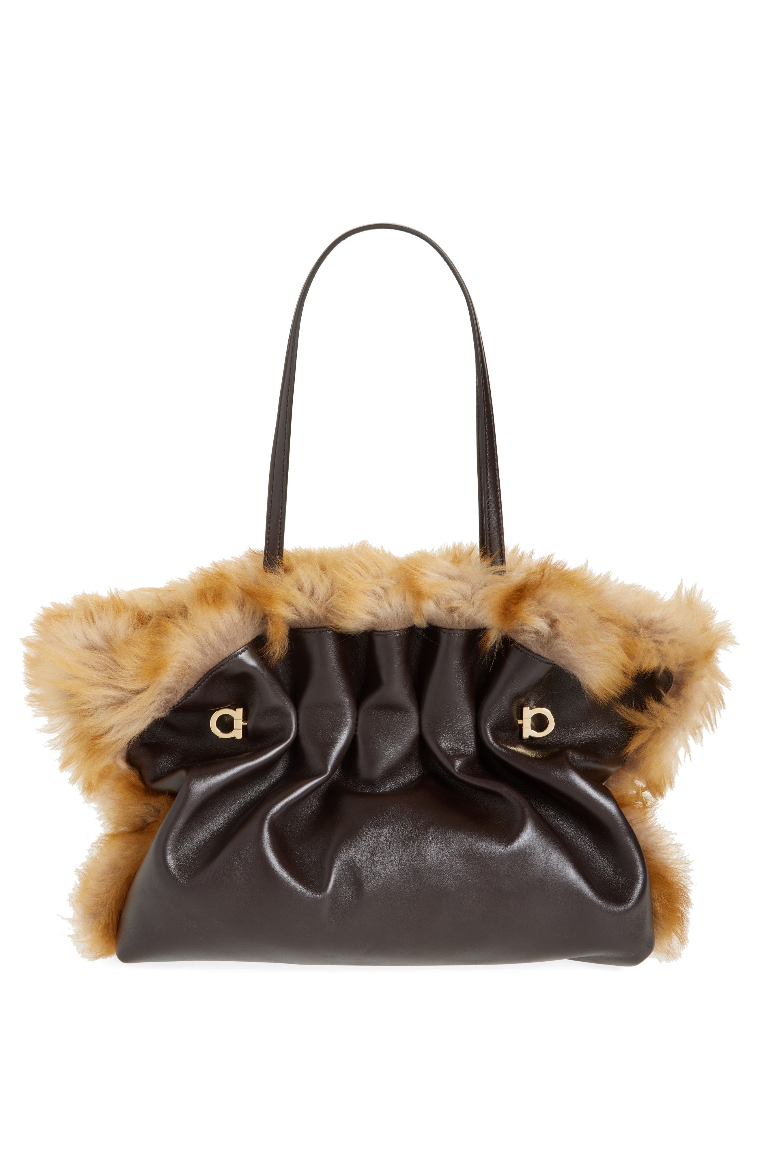 FERRAGAMO Medium Gancio Piercing Soft Leather & Genuine Shearling Shoulder Bag, Alternate, color, Naturale