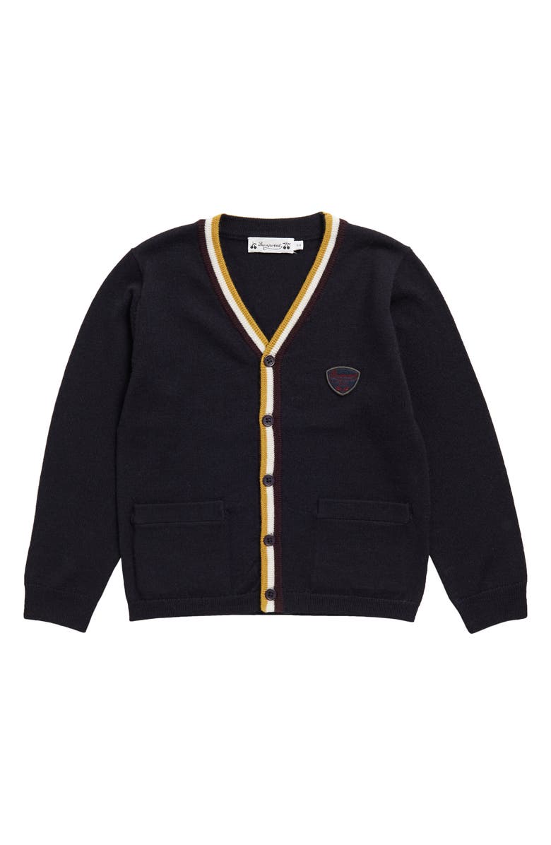Bonpoint Kids' Bach Stripe Trim V-Neck Merino Wool Cardigan, Main, color,