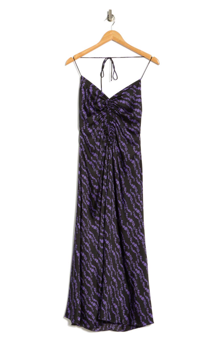 SANDRO Thais Ruched Crossback A-Line Midi Dress, Alternate, color, Black / Purple