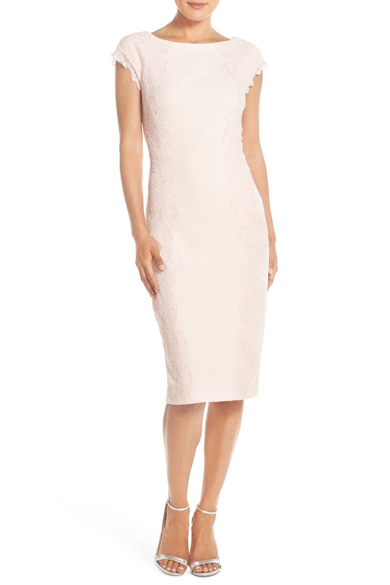 Lace Detail Crepe Sheath Dress, Main, color, BLUSH
