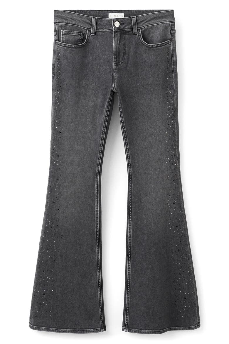 Rhinestone Embellished Low Rise Flare Jeans, Main, color, BLACK DENIM
