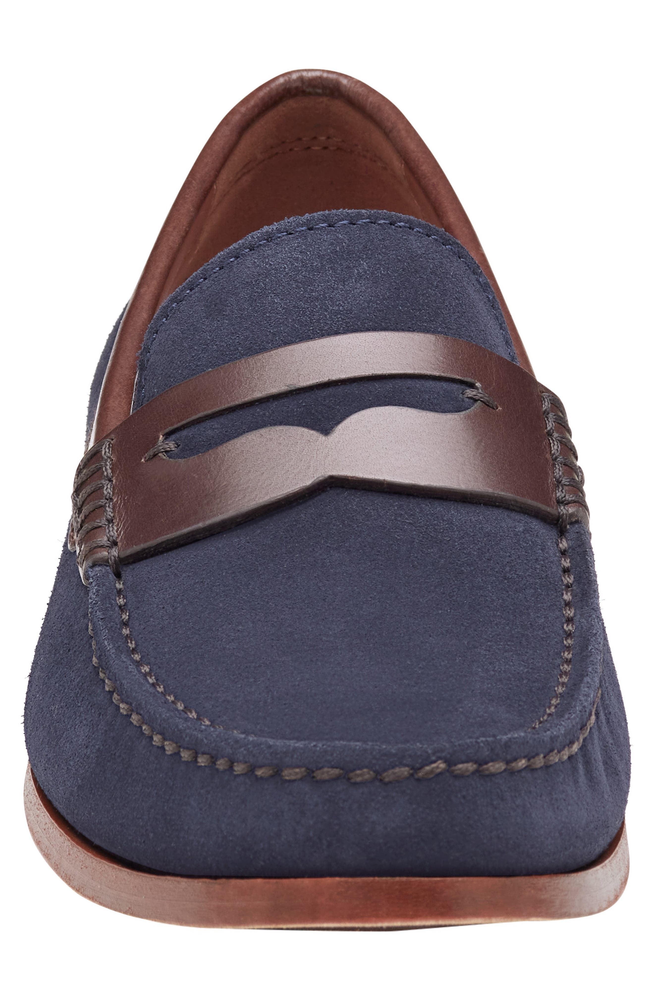 Baldwin Penny Loafer, Alternate, color, NAVY WAXED ENGLISH SUEDE/BROWN FULL GRAIN