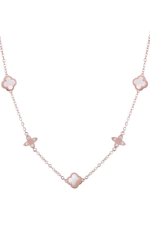 14K Rose Gold Plated Mother-of-Pearl Clover Station Necklace