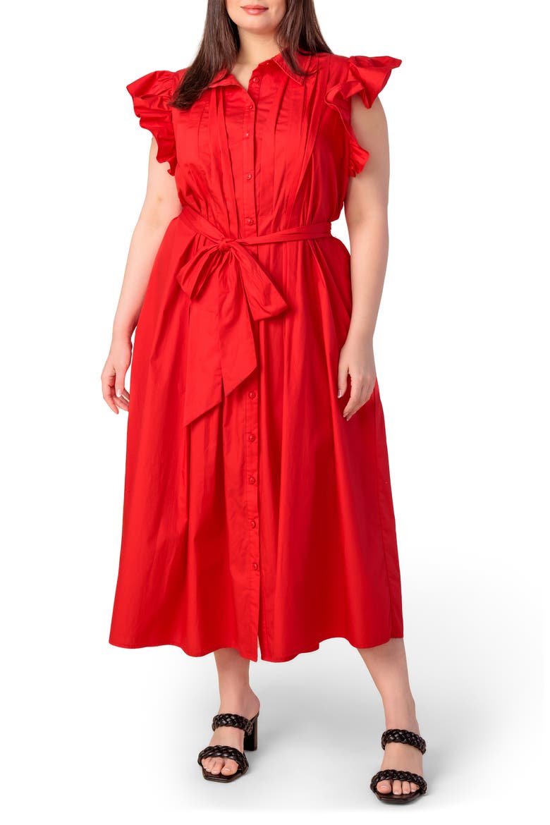 Flutter Sleeve Woven Shirtdress, Main, color, RED