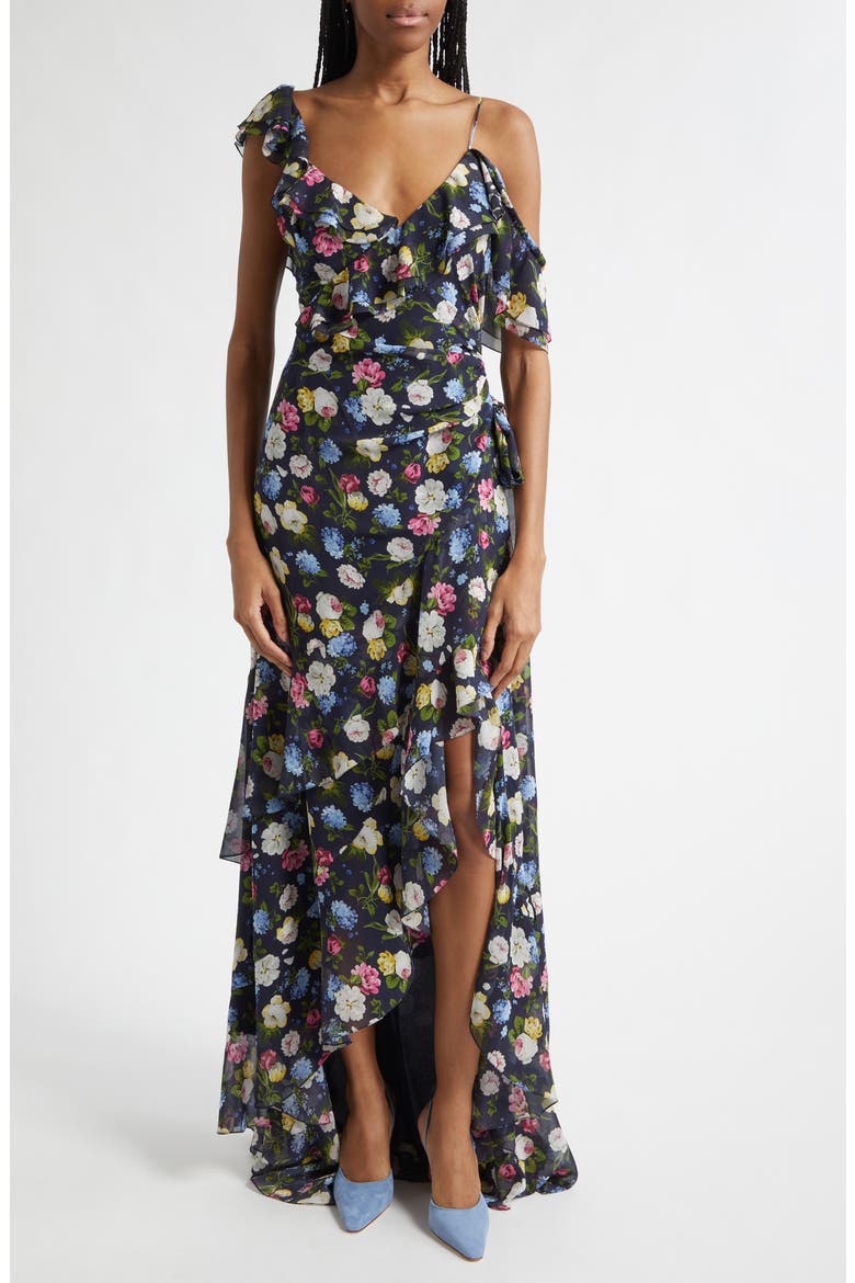 Floral Print Ruffle Asymmetric Silk Gown, Main, color, MIDNIGHT MULTI